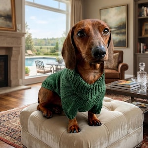 Peut inclure: Un chien teckel marron portant un pull en tricot vert foncé avec un col et un ourlet côtelés. Le chien a de longues oreilles tombantes et est assis sur un pouf capitonné beige clair. Le pull présente une texture tricotée classique.