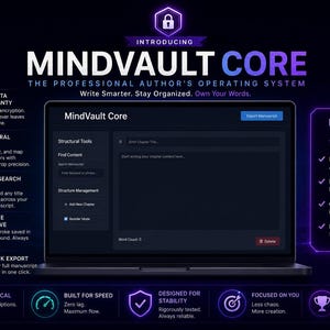 May include: A digital interface for MindVault Core, a professional author's operating system. The screen displays structural tools, chapter management, and search functions. Surrounding text highlights features like total data sovereignty, global search, real-time auto-save, one-click export, and fault-tolerant architecture.