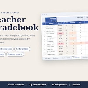 Teacher Gradebook Template | Weighted Grade Tracker with Attendance | Google Sheets + Excel