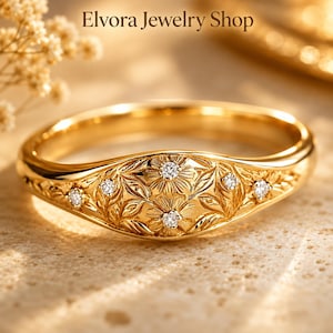 Gold Floral Engraved Daisy CZ Signet Ring, Victorian Botanical Stacking Jewelry