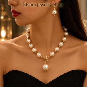 Gold Pearl Toggle Necklace and Earrings Set, French Style Bridal Jewelry