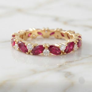 Marquise Cut Red Ruby and Moissanite Round Diamond Alternating Eternity Band, Yellow Gold, Luxurious Multi-Stone Prong Set Ring for Women.