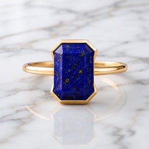 Lapis Lazuli Statement Ring, Yellow Gold, Bold Rectangular, Emerald Cut Gemstone with Bezel Setting.
