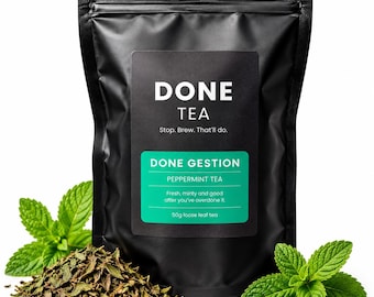 May include: A black resealable pouch of Done Tea peppermint loose leaf tea. The label reads Done Tea, Stop. Brew. That'll do., Done Gestion, Peppermint Tea, Fresh, minty and good after you've overdone it., 50g loose leaf tea. Dried mint leaves sit nearby.