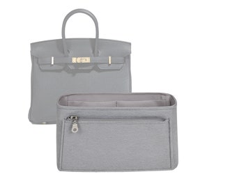 Customizable "Birkin 25 - Bottom Length 9.8''/25 cm" Fabric Lined Felt Bag Insert Organizer In 4.7"/12 cm Height, Bag Liner, Silver Gray