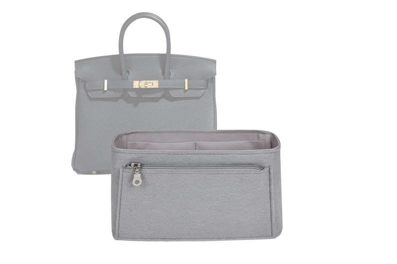 Customizable Birkin 25 Bottom Length 9.8''/25 cm Fabric Lined Felt Bag Insert Organizer In 4.7/12 cm Height, Bag Liner, Silver Gray image 1