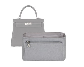 Customizable "Kelly 25 Retourne - Bottom Length 9.8''/25 cm" Fabric Lined Felt Bag Insert Organizer In 4.3"/11 cm Height, Bag Liner, Silver