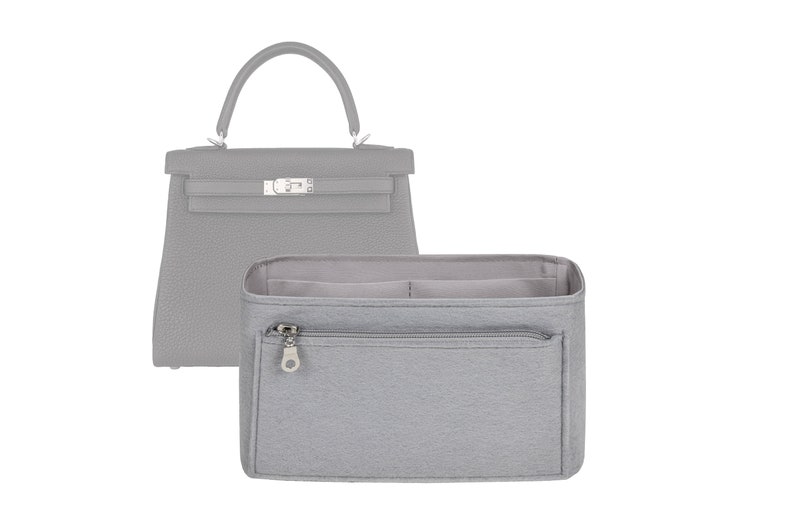 Customizable Kelly 25 Retourne Bottom Length 9.8''/25 cm Fabric Lined Felt Bag Insert Organizer In 4.3/11 cm Height, Bag Liner, Silver image 1