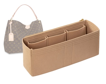 May include: Beige felt bag organizer with multiple compartments and a zipper closure. The organizer is designed to fit inside a handbag.