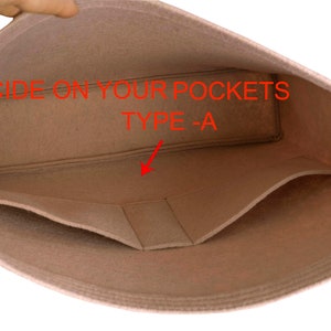May include: A beige felt bag insert with three pockets. The insert is labeled "DECIDE ON YOUR POCKETS TYPE - A".