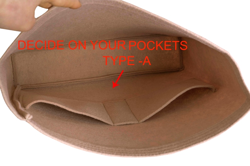 May include: A beige felt bag insert with three pockets. The insert is labeled "DECIDE ON YOUR POCKETS TYPE - A".