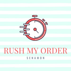 Könnte beinhalten: Eine rote Stoppuhr mit weißem Zifferblatt und schwarzen Zeigern, vor einem weißen Hintergrund mit blauen Streifen. Der Text "RUSH MY ORDER" ist in rot unter der Stoppuhr geschrieben, und der Text "SENAMON" ist in blau unter dem Text geschrieben.