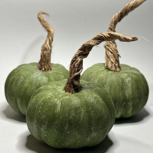 Puede incluir: Tres calabazas decorativas pequeñas y redondas de color verde salvia con texturas de pinceladas visibles. Cada calabaza presenta un tallo largo y retorcido de cuerda de yute marrón natural que se curva hacia arriba, creando un aspecto texturizado.