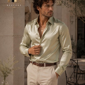 Mint Green Satin Shirt for Men | Luxury Silk Look Dress Shirt | Pastel Green Shirt | Sage Green Satin Shirt | Beach  Summer Party Shirt