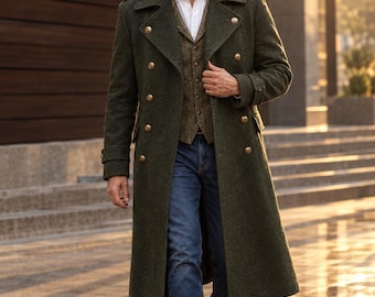 Herren-Wollmantel in Olivgrün | Zweireihiger, langer Wintermantel | Vintage-Mantel im Militärstil | Vintage-Mantel nach Maß – Geschenk für ihn