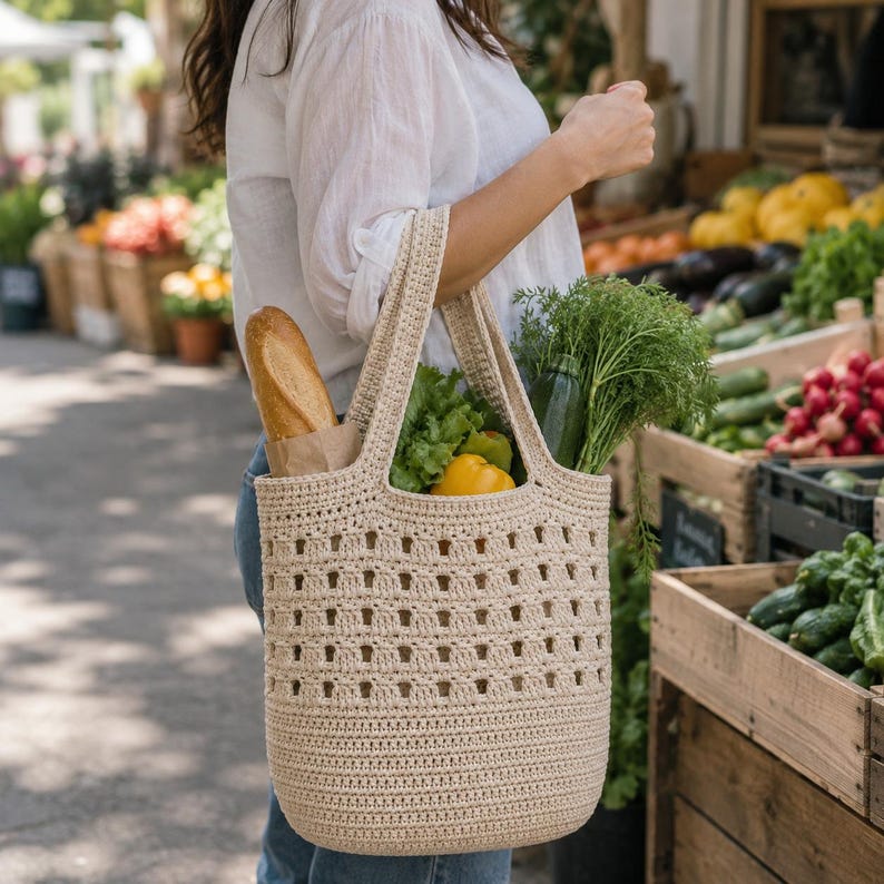 May include: A beige crochet tote bag with a structured base and an open-work grid pattern on the upper section. The bag features two sturdy handles and is filled with a baguette, a yellow bell pepper, green lettuce, and fresh herbs.