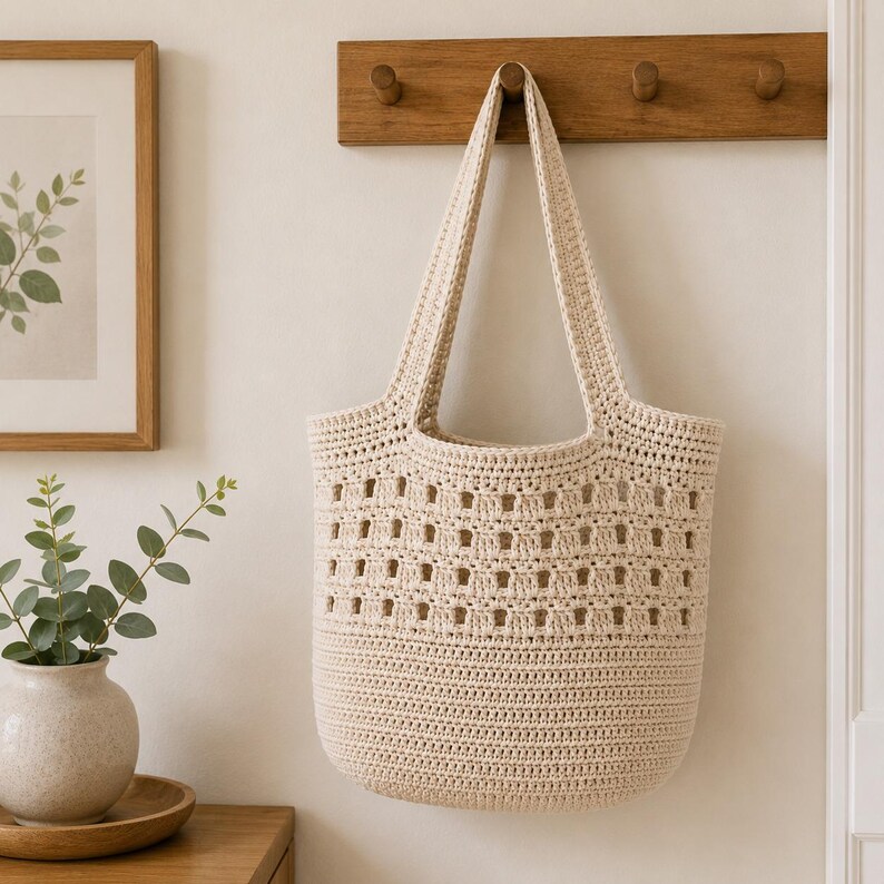 May include: A cream-colored crochet tote bag featuring a solid base and a top section with a repeating open-work square pattern. The bag has two long shoulder straps and is constructed from a thick, textured yarn in a neutral off-white shade.
