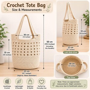 May include: A beige crochet tote bag shown from front, side, and top angles. The bag measures 12 inches wide, 14 inches high, and 19.5 inches total height including handles. The base diameter is 8.7 inches. Text includes Crochet Tote Bag Size & Measurements.