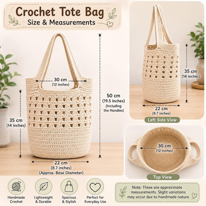 May include: A beige crochet tote bag shown from front, side, and top angles. The bag measures 12 inches wide, 14 inches high, and 19.5 inches total height including handles. The base diameter is 8.7 inches. Text includes Crochet Tote Bag Size & Measurements.