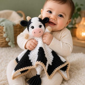 May include: A crochet security blanket featuring a stuffed cow head with black and white yarn, a pink snout, and small tan horns. The blanket body has a black and white pattern with a tan crocheted border and a black yarn tassel at the bottom.