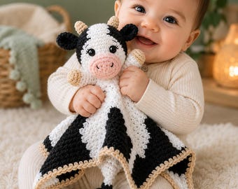 May include: A crochet security blanket featuring a stuffed cow head with black and white yarn, a pink snout, and small tan horns. The blanket body has a black and white pattern with a tan crocheted border and a black yarn tassel at the bottom.