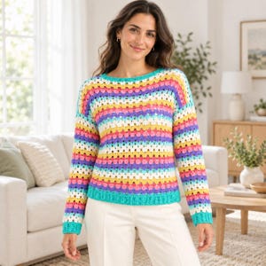 May include: A long-sleeve crochet sweater featuring a horizontal striped pattern in vibrant colors including teal, yellow, pink, purple, and white. The garment has a round neckline and a textured granny stitch design with a solid teal ribbed hem.