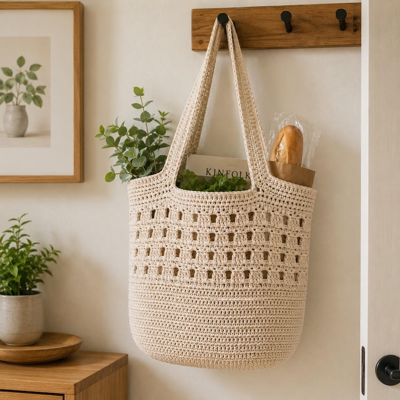May include: A beige crochet tote bag with a rectangular open-weave pattern in the upper section and a solid stitch base. The bag features two long shoulder straps and contains a book labeled Kinfolk and a brown paper bag with bread.