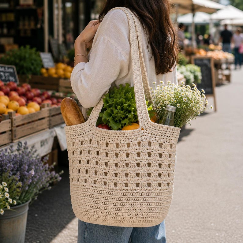 May include: A cream-colored crochet tote bag featuring an open-work square pattern on the upper section and a solid stitch base. The bag has two long shoulder straps and is filled with a baguette, fresh green lettuce, and a bouquet of white flowers.