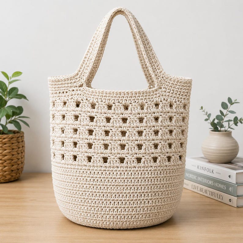 May include: A cream-colored crochet tote bag featuring a solid base and a top section with a repeating open-work square pattern. The bag has two integrated handles and is constructed from a thick, textured yarn in a neutral off-white shade.