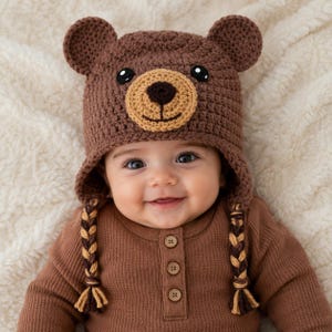 May include: A brown crochet bear hat featuring rounded ears, a tan muzzle, a dark brown nose, and embroidered mouth details. The hat includes two braided tassels hanging from the sides, crafted from alternating strands of brown and tan yarn.