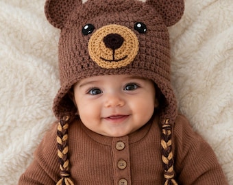 May include: A brown crochet bear hat featuring rounded ears, a tan muzzle, a dark brown nose, and embroidered mouth details. The hat includes two braided tassels hanging from the sides, crafted from alternating strands of brown and tan yarn.