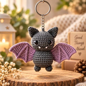 May include: A dark gray crocheted bat keychain featuring light purple wings, two small white fangs, and large black plastic eyes. The bat is attached to a silver-colored metal split ring and chain, showcasing detailed yarn stitching throughout.