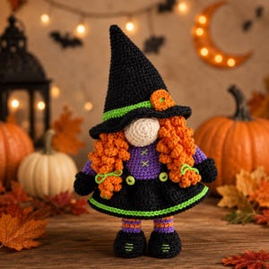 May include: A crocheted witch doll featuring a tall black pointed hat with a lime green band and orange flower, bright orange curly hair, a purple bodice with lime green buttons, a black skirt, and striped purple and orange leggings.