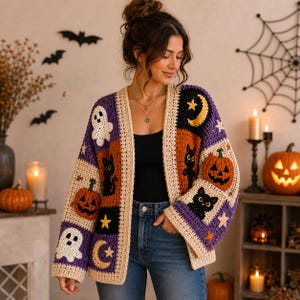 Halloween Crochet Granny Square Sweater, Gothic Crochet Cardigan Pattern pdf, Spooky Crochet Sweater, Pumpkin Ghost Cat Moon Sweater