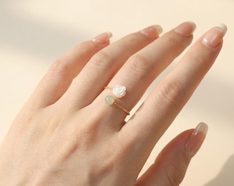 Nephrite Jade & Carved Shell Flower Ring | Dainty Gold-Plated Open Band | Handmade White Rose Jewellry Gift for Her