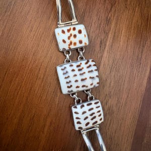 Vintage Sterling Silver Leopard Cone Shell Panel Link Bracelet, Polished Conus Shell Toggle Clasp 26g 6 3/4”