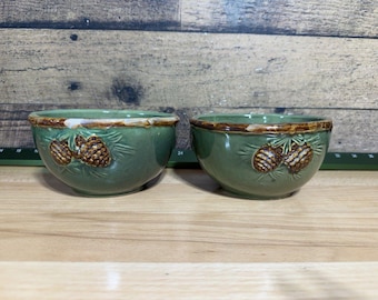 May include: Two sage green ceramic bowls featuring a raised relief design of brown pinecones and green pine needles. Each bowl has a textured brown rim with white accents, creating a natural look. The bowls are positioned side by side.