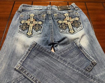 Miss Me RARE 30x30 Mid Rise Skinny Jeans Fleur De Lis & Cross Embellished Y2K
