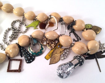 Assemblage Collage Statement Kukui Nut Lei Necklace of Found items for Those Joyous Occasions!!!