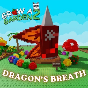 以下が含まれることがあります： Grow A Garden 2と題されたブロックスタイルのデジタルイラスト。中央にはオレンジ色の炎のような翼を持つ赤い構造物があり、灰色の尖った頂上と「The Gigantic Rainbow Can」と書かれた看板がある。赤いキノコと「Dragon's Breath」というテキストが含まれている。