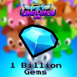 Puede incluir: Un icono de gema azul brillante con forma de diamante centrado en el encuadre. Sobre la gema aparece el logotipo de Pet Simulator 99 con alas y un halo. Debajo de la gema, el texto 1 Billion Gems se muestra en una fuente negra pixelada.