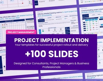 Op de afbeelding: Een digitale presentatiesjabloonset getiteld Project Implementation met meer dan 100 dia's voor projectmanagement. De dia's bevatten diverse stroomdiagrammen, tracking-statistieken, statusupdates en diagrammen voor bedrijfsplanning.