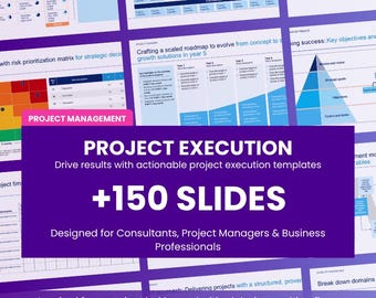 Op de afbeelding: Een digitale presentatiesjabloonset met 150 dia's voor projectmanagement. De centrale paarse afbeelding toont de tekst: PROJECT EXECUTION, Drive results with actionable project execution templates, +150 SLIDES, Designed for Consultants, Project Managers & Business Professionals.