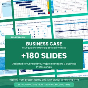 May include: A digital presentation template set featuring 180 slides for business cases. The overlay text reads: BUSINESS CASE, Your guide to strategic decision-making, +180 SLIDES, Designed for Consultants, Project Managers & Business Professionals.