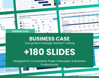 Op de afbeelding: Een digitale presentatiesjabloonset met 180 dia's voor businesscases. De tekst op de overlay luidt: BUSINESS CASE, Your guide to strategic decision-making, +180 SLIDES, Designed for Consultants, Project Managers & Business Professionals.