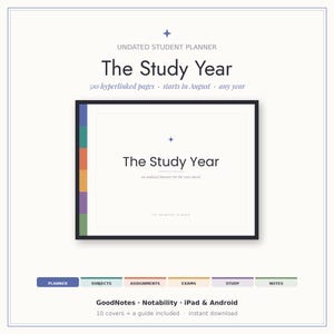 Peut inclure: Un agenda étudiant non daté intitulé The Study Year avec 510 pages hyperliées. L'interface numérique présente un cadre sombre, une barre latérale avec des onglets colorés et des boutons de navigation en bas : Planner, Subjects, Assignments, Exams, Study, Notes.