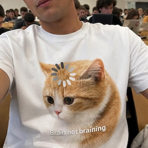 May include: A white short-sleeved t-shirt featuring a graphic of an orange and white cat with a digital loading icon above its head and the text "Brain not braining" printed in white letters below the cat's chin on the front of the garment.