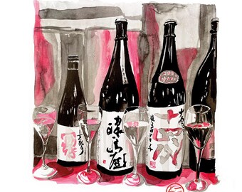 Original artwork from Japan - Callilygraphy™ - "Sake Glasses and Bottles"