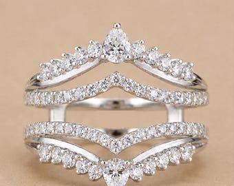Pear Crown Enhancer Ring • Chevron Double Band • Graduated Pear Ring • Open Front Bridal Band • Stackable Wedding Ring