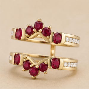 May include: A gold ring guard set featuring two chevron-shaped bands. Each band is set with round, deep red rubies in a V-shaped arrangement at the center, flanked by oval rubies and rows of small, clear white diamonds along the side shanks.